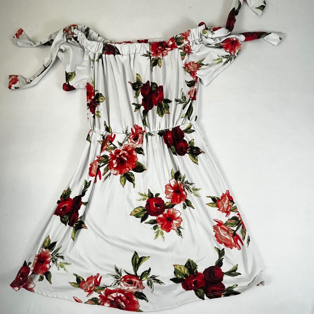 Hyped Unicorn Women's Off Shoulder Floral Dress Tie‎ Sleeves White Red Medium